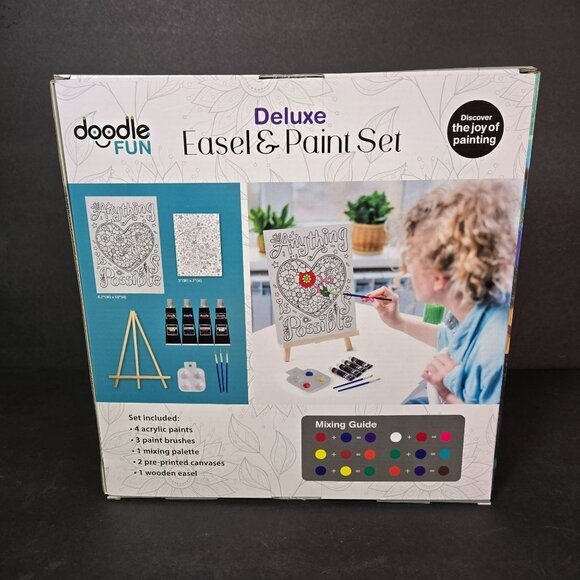 Doodle Fun Deluxe Easel & Paint Set 2 Canvases Acrylic Paints Brushes Easel6+ - Picture 2 of 6
